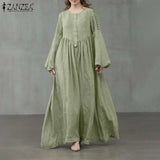 Women Spring Sundress Elegant Pleated Lantern Sleeve Solid Maxi Long Dress Vintage Party Vestido Kaftan Robe