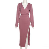 V Neck Long Sleeve Midi Dresses High Split Autumn 2021 Vintage Chic Party Wear Elegant Female White Aesthetic