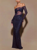 Fongt Women's Perspective Evening Dress Dress Sexy Long-Term Repair Shoulder Woman 8108