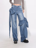 Vintage Old Leisure Trousers 2025 New Niche Splicing Bow Design High-Waist Straight Jeans Female