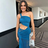 Sheer Draped One Shoulder Cut Out Maxi Dress-Outfit