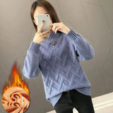 Thicken Plus Velvet Sweaters For Women Casual Warm Knit Pullovers Korean Fleece Lined Knitwear Ribbed Bottomed Tops