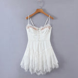 Sexy Solid White Stitching Lace Bra Corset style Spaghetti Strap Mini Dress Women Backless Party Skater Short Sling