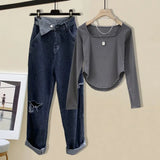 Women Two Pieces Sets Streetwear Harajuku Long Sleeve Square Collar Top And Hollow Out Vintage Denim Pants