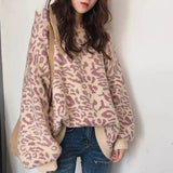 Women Turtleneck Leopard Knitted Aesthetic Sweater Women Winter Thick Female Pullovers Casual Tops Oversized