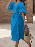 Fongt Spring/Summer New Women's Temperament Solid Color Sexy Open Fork Bubble Sleeve With Dress 6006