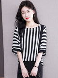 Women Blouses Stripe Loose Blouse Short-sleeve Satin Blouses for Women Batwing Sleeve Oversized Summer Clothing Womens