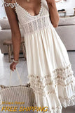 Casual Women V Neck Beach Dress Lace Patchwork Solid Bohemian Maxi Dress Hollow Out Sleeveless Female Slim Tassel
