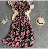 Fongt Floral And Haffin Dress Women's New Summer Bubble Short Sleeves To Close The Waist Thin Holiday High-End Cake Dress
