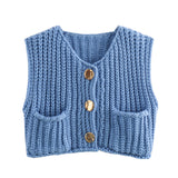 Fongt 2025 Spring And Autumn 2025 New Women's Pocket Sleeveless Short Knitted Cardigan Vest