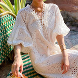 Fongt And Summer Women's New French Embroidery Holiday Dress Women's Bubble Sleeve White Long Dress Women's