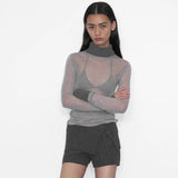 Turtleneck See Through Long Sleeve Top-Outfit