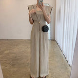 Fongt Chic Summer Retro Square Collar Collect Waist Show Thin Loose Versatile Long Sleeveless Jumpsuit Wide Leg Pants Woman-Outfit