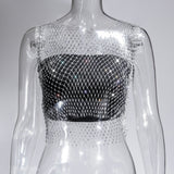 Fongt Nightclub Dresses Fishnet Hollow Out Rhinestone Vest Mesh Flash Diamond Sling Top