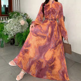 Fongt Retro Elegant Dress Women's Summer New Sweet Wooden Ear Splicing Long Sleeves Waist-Print Dress