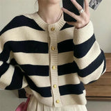 Spring New Korean Style Lazy Gentle Wind Striped Knitted Cardigan Round Collar Color Loose Hair-Outfit