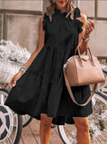 Fongt Summer Leisure Leisure Loose Sleeveless Pressure Pleated Stitching Solid Color Large Swing Round Collar