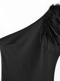 Street Style One-Shoulder Feather Long Slim Dress In Spring 2024-Outfit