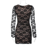 Black Lace Layered Long Sleeve Mini Dress-Outfit