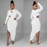 Fashion Women's Solid Color Pleated Round Collar Long Sleeve Dress-Outfit