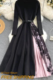French patchwork pleated dress women high waisted knitting vintage dresses ladies long sleeve spring autumn