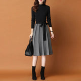 Vintage Elegant Knitted Sweater Pleated Dresses New Winter Women Long Sleeve Office Lady Casual Midi Vestido Da