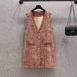 Vintage Fragrance Suits Autumn Red Long Sleeve Bow Collar Blouse And Tweed Vest Dresses Two Pieces Sets