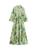 Fongt Tea Wind 2025 Spring New Fashion V-Neck Small Fresh Green Printing Belt Decorative Dress