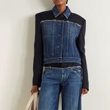 Fongt 2024 New Fashion Retro Jacket Jacket Design Sense Color Splicing Long Sleeve Short Denim Jacket Girl-Outfit