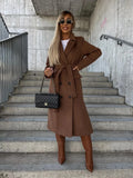 EABY Hot Autumn And Winter Simple Long Sleeve Lapel Button Open Fork Woolen Coat Woman-Outfit