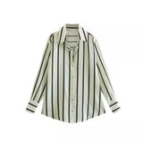 Fongt New Fashion Temperament Lapel Multi-Color Stripe Silk Satin Texture Long Sleeve Loose Shirt Female-Outfit