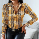 Women Turn Down Collar Print Blouse Casual Female Long Sleeve Slim Top Shirts Autumn Pullover Office Lady Blouse