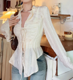 Front Tie Ruffle Long Sleeves Blouse-Outfit