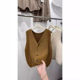 Solid Color Sleeveless Cardigan Knitted Vest 2024 Autumn And Winter New Style Folded Sweater Women's Dress-Outfit