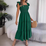 Shooting 2025 Summer Solid Color Square Lead Wood Ear Waist A Word Dress Women's