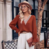 Fongt Autumn And Winter 2024 New Women's Casual Solid Color V-Neck Lace Lotus Leaf Sleeve Loose Jacket-Outfit