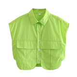 Fongt Color Y2K Women's Big Pocket Splicing Irregular Cardigan Polo Collar Shirt Top A19683