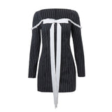 Bow Patchwork Long Sleeve Dress Retro Square-neck Lace Stitch Bodycon Mini Dresses 2023 Evening Party Vestidos-Outfit
