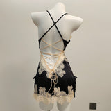 Fongt New Ice Silk Sexy Pajamas Pure High-End Small Breast Hollow Lace Sling Aja Skirt Homewear