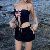 Black Halter Bow Tie Up Top And Mini Skirt Set-Outfit