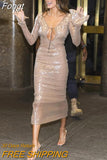 Autumn 2023 New Women's Sexy Deep V Long Sleeve Backless Sequins Tight Long Dress Elegant Evening Dress