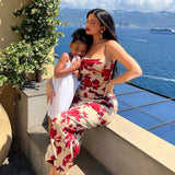 Red Rose Print Satin Midi Dress-Outfit