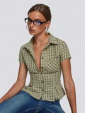 Fongt Cloth Forget British Wind Wood Ear V-Neck Check Shirt Temperament Waist Button Bubble Sleeve Top