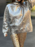 Loose High Neck Knitting 2024 Spring Pure Color Perm Gold Diamond Pattern Jacket Elegant Sweater-Outfit