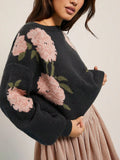 Fongt New Casual Long-Sleeved Sweater Flower Threaded Women's Knitting Top