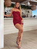 Red Sequin Strapless Draped Bodycon Mini Dress-Outfit