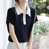 Short Sleeve T Shirt Women 2023 Summer Top Button Turn-down Collar Tshirt Loose Casual Womens Clothes Tee Shirt