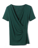 Elegant T Shirts Women Crossed V Neck Mesh Pleated Tops Tees Female Short Sleeve Stretchy Slim T-Shirt-Outfit