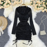 Spring Autumn Sexy One-Word Collar Long Sleeve Drawstring Pleated Dress Female Flash Mesh Slim Wrap Buttock Skirt-Outfit