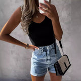 Wsih Hot Style Summer Simple Pure Color Sleeveless V Collar Pit Strip Lady Vest Female-Outfit